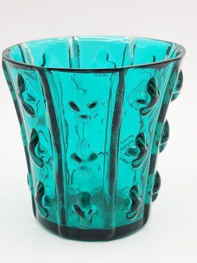 Vintage MCM Teal Mold Blown Glass Tumbler Cross Optic Pattern 2.75" 8oz